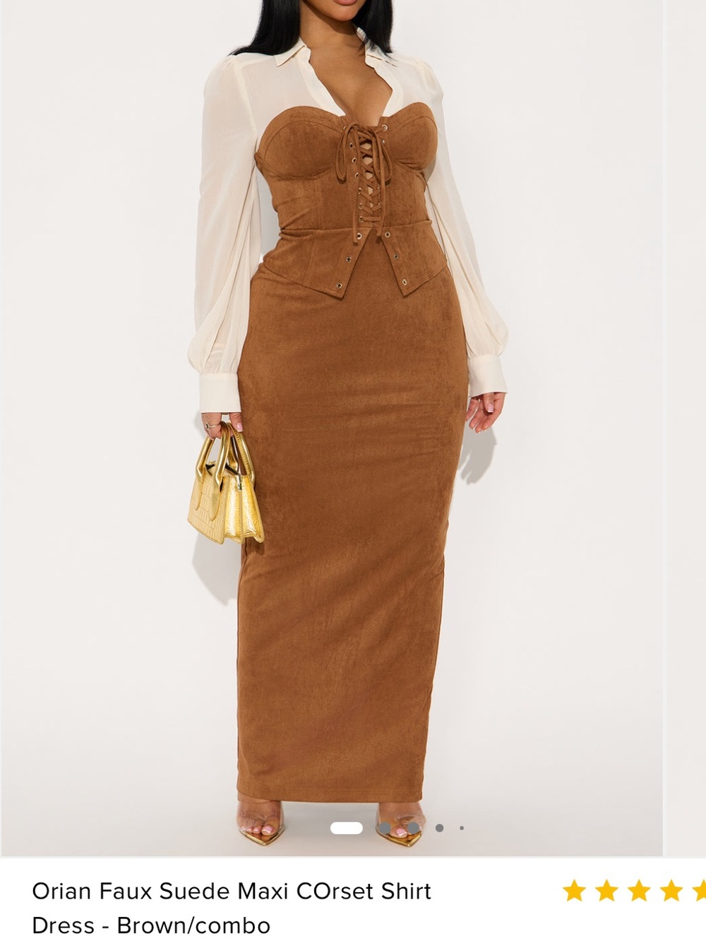 Fashion Nova Brown Faux Suede Corset Maxi Dress with Cream Shirt Detail